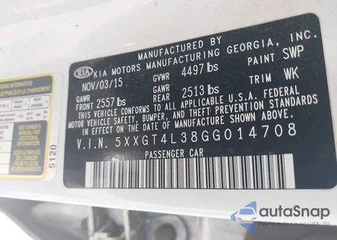 2016 Kia Optima Lx from USA, damaged, VIN 5XXGT4L38GG014708